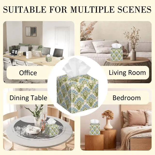 Alt view image 6 of 6 - Tissue Box Holder Green and Blue Floral Tissue Box Cover Square Leather Tissue Holder Organizer Portable Decorative Facial Paper Case for Home Office Bathroom Vanity Countertop