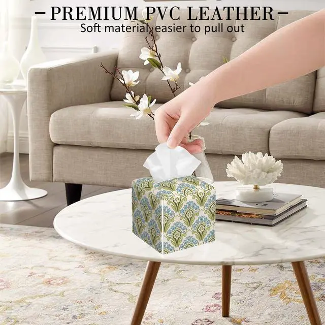 Alt view image 5 of 6 - Tissue Box Holder Green and Blue Floral Tissue Box Cover Square Leather Tissue Holder Organizer Portable Decorative Facial Paper Case for Home Office Bathroom Vanity Countertop