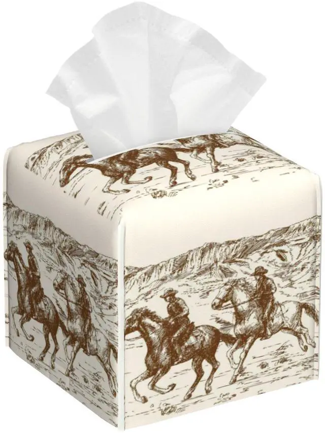 Main image of American Cowboys Tissue Box Cover,Wild West Desert Tissue Box Holder Square,Waterproof Leather Organizer Portable Decorative Facial Paper for Bedroom Dresser Night Stand Office Desk,5.2" x 5.2" x 5.2"