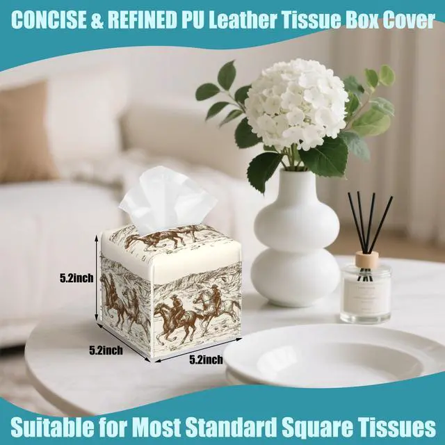 Alt view image 2 of 7 - American Cowboys Tissue Box Cover,Wild West Desert Tissue Box Holder Square,Waterproof Leather Organizer Portable Decorative Facial Paper for Bedroom Dresser Night Stand Office Desk,5.2" x 5.2" x 5.2"