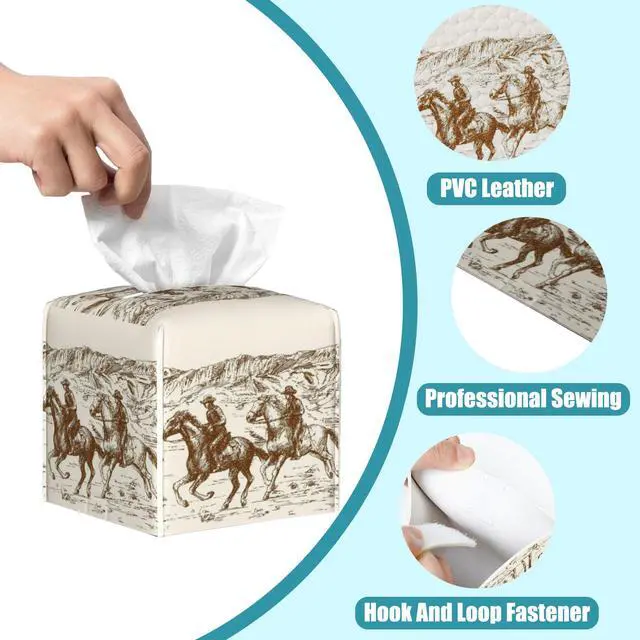 Alt view image 3 of 7 - American Cowboys Tissue Box Cover,Wild West Desert Tissue Box Holder Square,Waterproof Leather Organizer Portable Decorative Facial Paper for Bedroom Dresser Night Stand Office Desk,5.2" x 5.2" x 5.2"