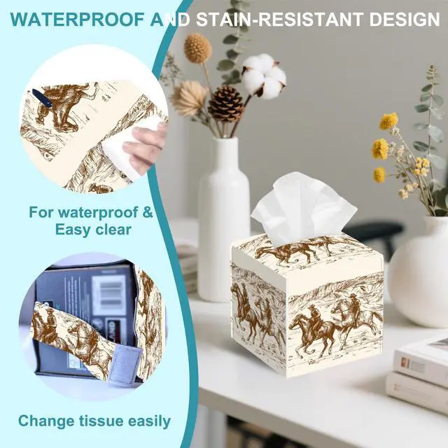 Alt view image 4 of 7 - American Cowboys Tissue Box Cover,Wild West Desert Tissue Box Holder Square,Waterproof Leather Organizer Portable Decorative Facial Paper for Bedroom Dresser Night Stand Office Desk,5.2" x 5.2" x 5.2"
