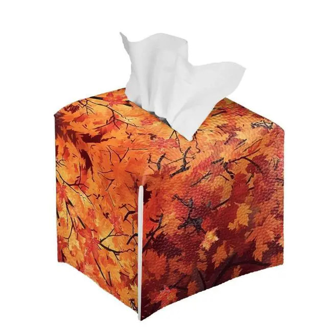 Alt view image 2 of 7 - Thanksgiving Maple Leaf Tissue Box Holder Modern PU Leather Square Tissue Box Cover with Stylish Print Portable Tissue Case for Home Office Car Automotive Decor
