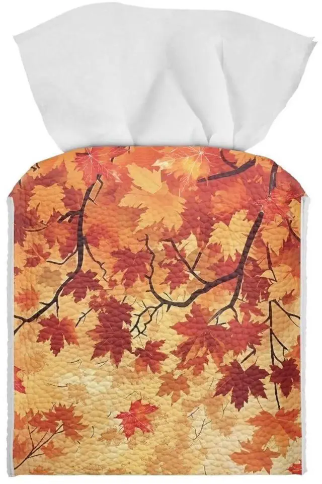 Main image of Thanksgiving Maple Leaf Tissue Box Holder Modern PU Leather Square Tissue Box Cover with Stylish Print Portable Tissue Case for Home Office Car Automotive Decor