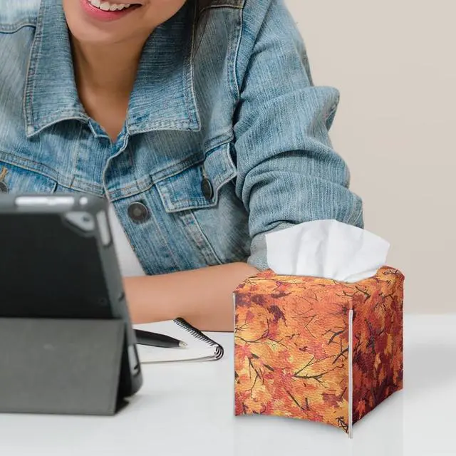 Alt view image 6 of 7 - Thanksgiving Maple Leaf Tissue Box Holder Modern PU Leather Square Tissue Box Cover with Stylish Print Portable Tissue Case for Home Office Car Automotive Decor