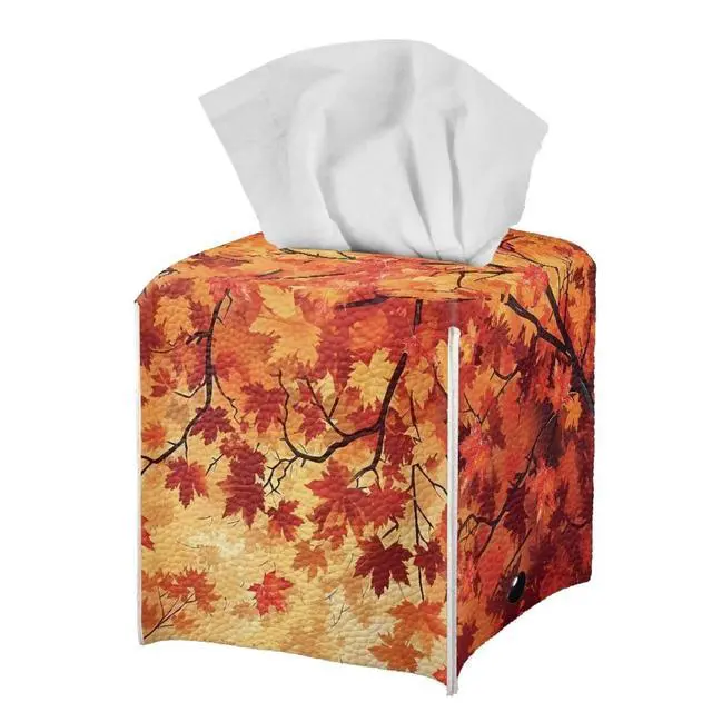 Alt view image 3 of 7 - Thanksgiving Maple Leaf Tissue Box Holder Modern PU Leather Square Tissue Box Cover with Stylish Print Portable Tissue Case for Home Office Car Automotive Decor