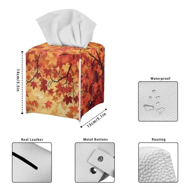 Alt view image 7 of 7 - Thanksgiving Maple Leaf Tissue Box Holder Modern PU Leather Square Tissue Box Cover with Stylish Print Portable Tissue Case for Home Office Car Automotive Decor