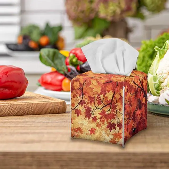 Alt view image 5 of 7 - Thanksgiving Maple Leaf Tissue Box Holder Modern PU Leather Square Tissue Box Cover with Stylish Print Portable Tissue Case for Home Office Car Automotive Decor