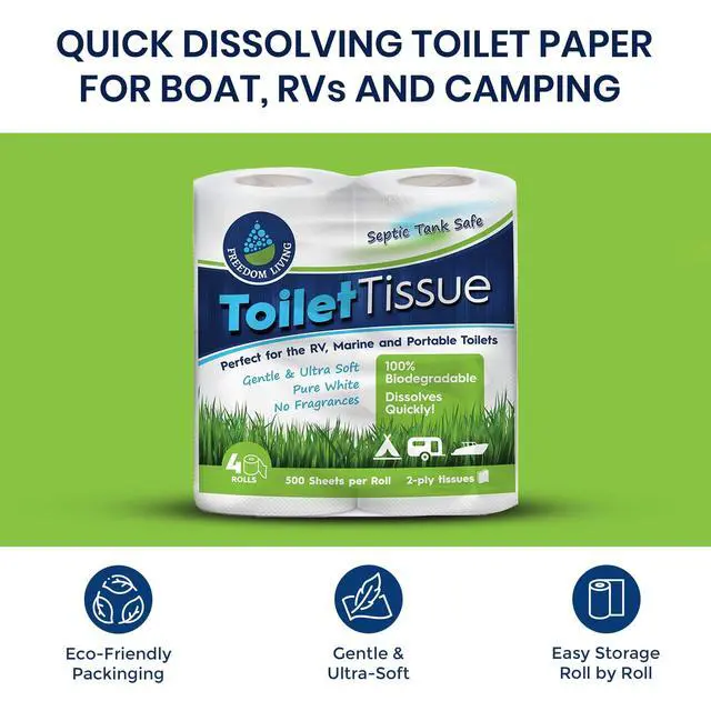 Alt view image 2 of 7 - Septic Tank Safe Toilet Tissue for Campers and RVs Biodegradable Marine Toilet Paper for Boats, Fragrance-Free 2-Ply RV Toilet Paper (4 Rolls, 500 Sheets Each)
