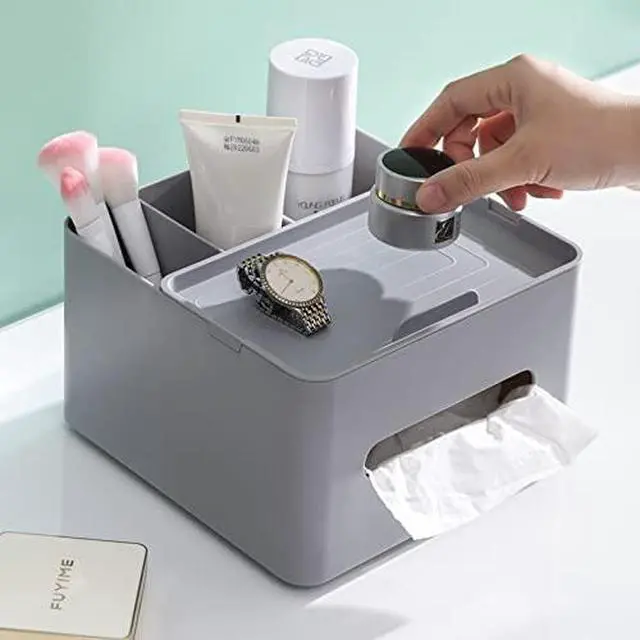 Alt view image 3 of 7 - 5-in-1 Tissue Box Holder with Storage Caddy, 7 Inch Plastic Multifunction Countertop Organizer, 3X Compartments 1x Top Tray, Ideal for Office, Home, Vanity, Makeup & Stationery (Gray)