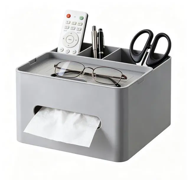 Main image of 5-in-1 Tissue Box Holder with Storage Caddy, 7 Inch Plastic Multifunction Countertop Organizer, 3X Compartments 1x Top Tray, Ideal for Office, Home, Vanity, Makeup & Stationery (Gray)