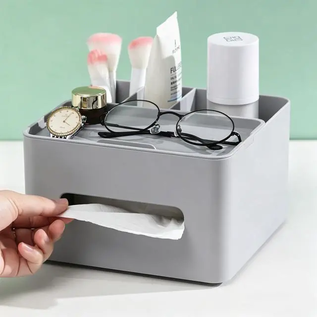 Alt view image 4 of 7 - 5-in-1 Tissue Box Holder with Storage Caddy, 7 Inch Plastic Multifunction Countertop Organizer, 3X Compartments 1x Top Tray, Ideal for Office, Home, Vanity, Makeup & Stationery (Gray)