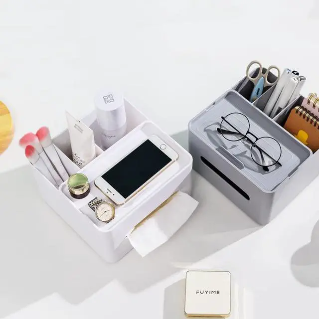 Alt view image 5 of 7 - 5-in-1 Tissue Box Holder with Storage Caddy, 7 Inch Plastic Multifunction Countertop Organizer, 3X Compartments 1x Top Tray, Ideal for Office, Home, Vanity, Makeup & Stationery (Gray)