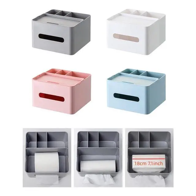 Alt view image 6 of 7 - 5-in-1 Tissue Box Holder with Storage Caddy, 7 Inch Plastic Multifunction Countertop Organizer, 3X Compartments 1x Top Tray, Ideal for Office, Home, Vanity, Makeup & Stationery (Gray)