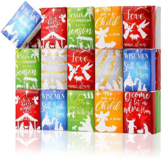 Main image of 30 Pcs Christmas Nativity Holiday Pocket Tissues Holiday Merry Christmas Pocket Facial Tissues Gifts Bulk Religious Xmas Travel Size for Party Favors Supplies, 10 Designs(Stylish)
