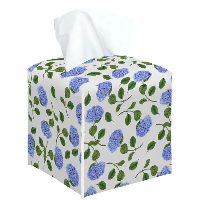 Main image of Blue Hydrangea Tissue Box Cover Square, Floral Decorative Tissue Box Holder for Bedroom Bathroom Kitchen Office Vanity Countertop, Leather Facial Paper Organizer Dispenser -21