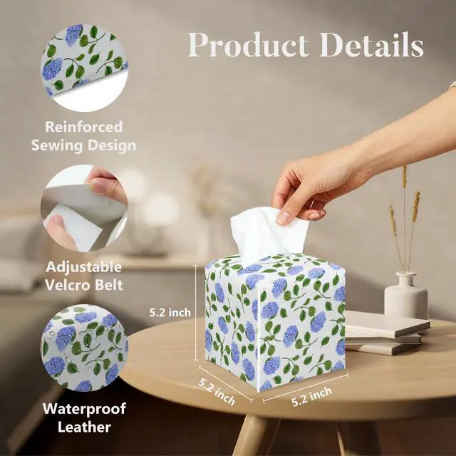 Alt view image 2 of 5 - Blue Hydrangea Tissue Box Cover Square, Floral Decorative Tissue Box Holder for Bedroom Bathroom Kitchen Office Vanity Countertop, Leather Facial Paper Organizer Dispenser -21