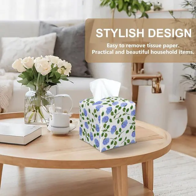 Alt view image 4 of 5 - Blue Hydrangea Tissue Box Cover Square, Floral Decorative Tissue Box Holder for Bedroom Bathroom Kitchen Office Vanity Countertop, Leather Facial Paper Organizer Dispenser -21