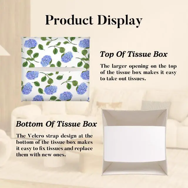 Alt view image 3 of 5 - Blue Hydrangea Tissue Box Cover Square, Floral Decorative Tissue Box Holder for Bedroom Bathroom Kitchen Office Vanity Countertop, Leather Facial Paper Organizer Dispenser -21