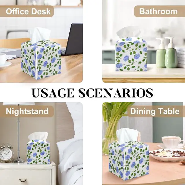 Alt view image 5 of 5 - Blue Hydrangea Tissue Box Cover Square, Floral Decorative Tissue Box Holder for Bedroom Bathroom Kitchen Office Vanity Countertop, Leather Facial Paper Organizer Dispenser -21