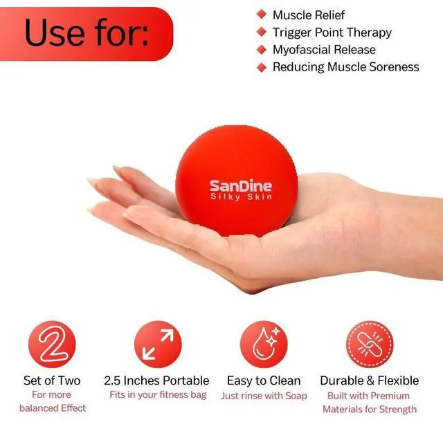 Alt view image 6 of 6 - Lacrosse Massage Balls for Deep Tissue Massage - Release Tension Relieve Muscle Soreness Improve Flexibility - Ideal for Myofascial Release Trigger Point Therapy - 2Pack Yoga Balls by Sandine (Red)