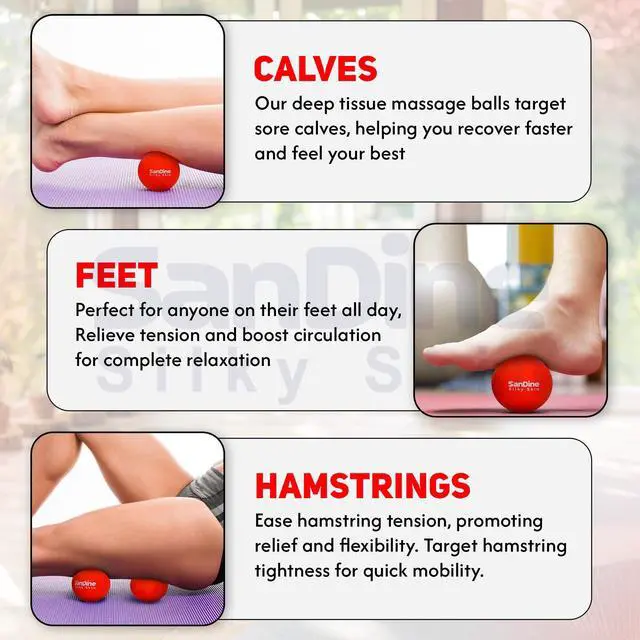 Alt view image 3 of 6 - Lacrosse Massage Balls for Deep Tissue Massage - Release Tension Relieve Muscle Soreness Improve Flexibility - Ideal for Myofascial Release Trigger Point Therapy - 2Pack Yoga Balls by Sandine (Red)