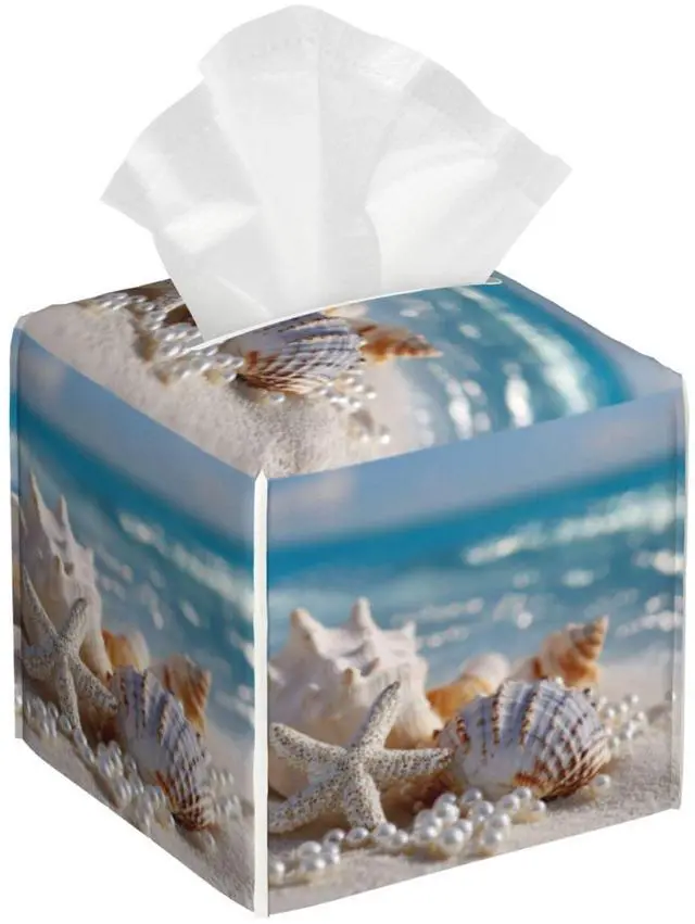 Main image of Beach Starfish Shells Tissue Box Cover Square, Waterproof Leather Tissue Box Holder Portable Dispenser Modern Home Decoration for Bathroom Car Nightstand Vanity