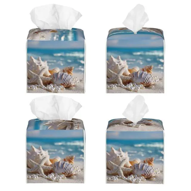 Alt view image 4 of 7 - Beach Starfish Shells Tissue Box Cover Square, Waterproof Leather Tissue Box Holder Portable Dispenser Modern Home Decoration for Bathroom Car Nightstand Vanity