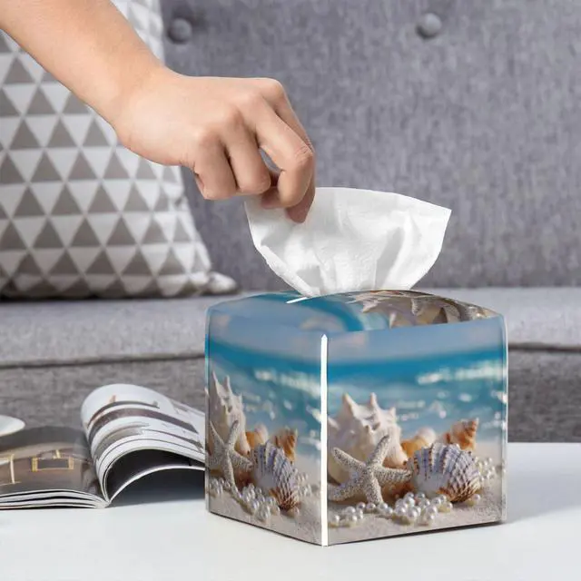 Alt view image 5 of 7 - Beach Starfish Shells Tissue Box Cover Square, Waterproof Leather Tissue Box Holder Portable Dispenser Modern Home Decoration for Bathroom Car Nightstand Vanity