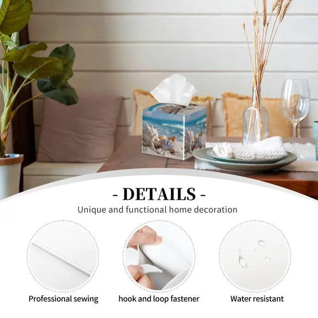 Alt view image 6 of 7 - Beach Starfish Shells Tissue Box Cover Square, Waterproof Leather Tissue Box Holder Portable Dispenser Modern Home Decoration for Bathroom Car Nightstand Vanity