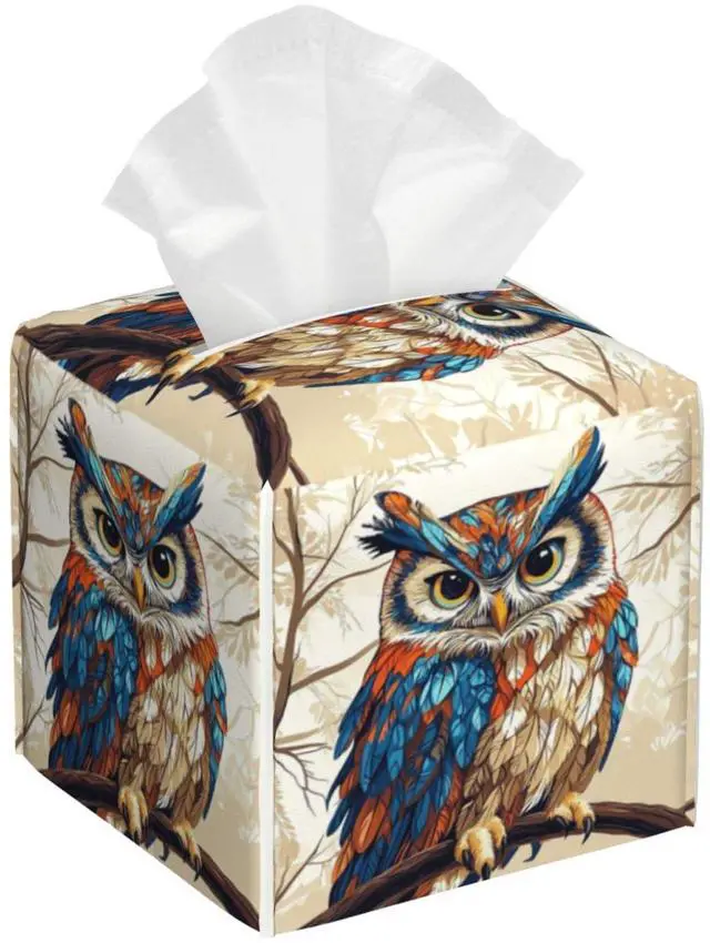 Main image of Cute Owl Tissue Box Cover Square, Waterproof Leather Tissue Box Holder Portable Dispenser Modern Home Decoration for Bathroom Car Nightstand Vanity