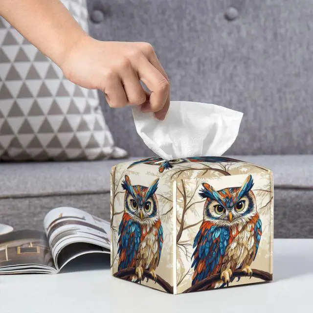 Alt view image 5 of 7 - Cute Owl Tissue Box Cover Square, Waterproof Leather Tissue Box Holder Portable Dispenser Modern Home Decoration for Bathroom Car Nightstand Vanity