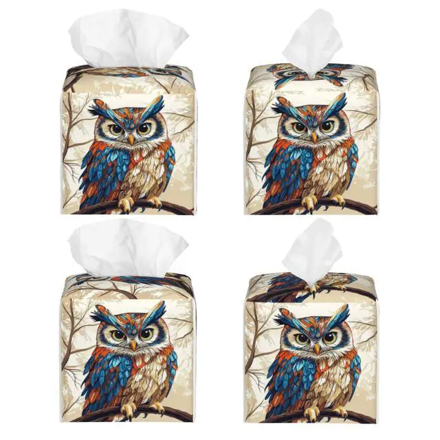 Alt view image 4 of 7 - Cute Owl Tissue Box Cover Square, Waterproof Leather Tissue Box Holder Portable Dispenser Modern Home Decoration for Bathroom Car Nightstand Vanity