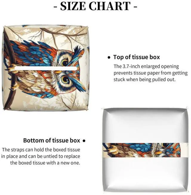 Alt view image 3 of 7 - Cute Owl Tissue Box Cover Square, Waterproof Leather Tissue Box Holder Portable Dispenser Modern Home Decoration for Bathroom Car Nightstand Vanity