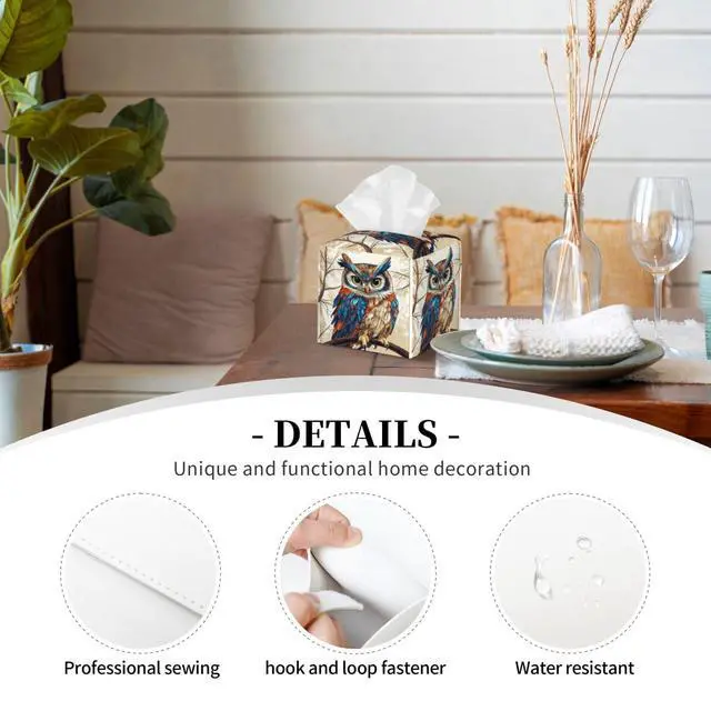 Alt view image 6 of 7 - Cute Owl Tissue Box Cover Square, Waterproof Leather Tissue Box Holder Portable Dispenser Modern Home Decoration for Bathroom Car Nightstand Vanity