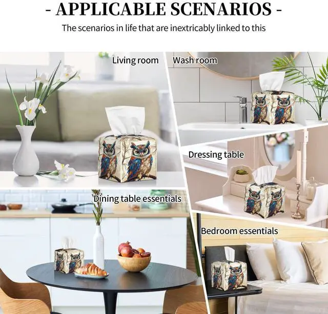 Alt view image 7 of 7 - Cute Owl Tissue Box Cover Square, Waterproof Leather Tissue Box Holder Portable Dispenser Modern Home Decoration for Bathroom Car Nightstand Vanity