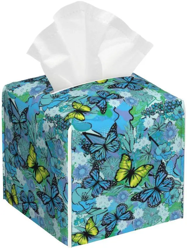 Main image of Blue Flowers and Butterflies Tissue Box Cover,Tissue Box Holder Square with Bottom Belt,Leather Organizer Portable Decorative Facial Paper for Bedroom Dresser Night Stand Office,5.2" x 5.2" x 5.2"
