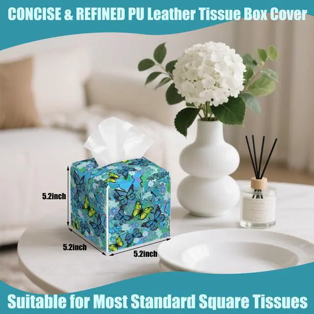 Alt view image 2 of 7 - Blue Flowers and Butterflies Tissue Box Cover,Tissue Box Holder Square with Bottom Belt,Leather Organizer Portable Decorative Facial Paper for Bedroom Dresser Night Stand Office,5.2" x 5.2" x 5.2"
