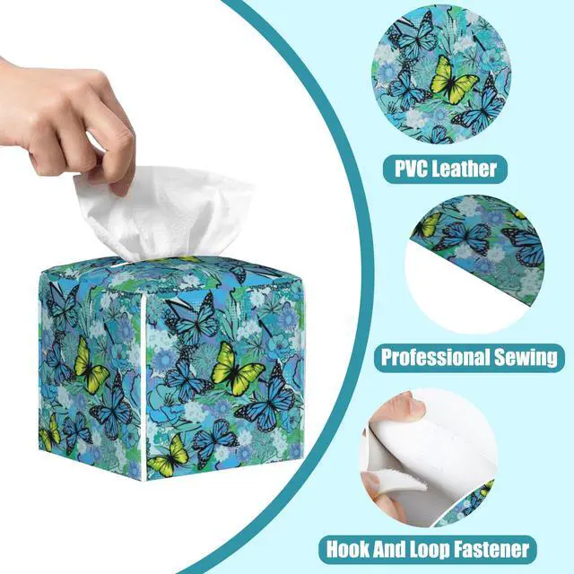 Alt view image 3 of 7 - Blue Flowers and Butterflies Tissue Box Cover,Tissue Box Holder Square with Bottom Belt,Leather Organizer Portable Decorative Facial Paper for Bedroom Dresser Night Stand Office,5.2" x 5.2" x 5.2"