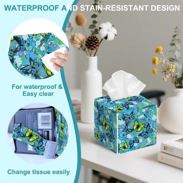 Alt view image 4 of 7 - Blue Flowers and Butterflies Tissue Box Cover,Tissue Box Holder Square with Bottom Belt,Leather Organizer Portable Decorative Facial Paper for Bedroom Dresser Night Stand Office,5.2" x 5.2" x 5.2"
