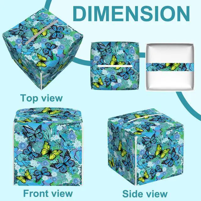 Alt view image 5 of 7 - Blue Flowers and Butterflies Tissue Box Cover,Tissue Box Holder Square with Bottom Belt,Leather Organizer Portable Decorative Facial Paper for Bedroom Dresser Night Stand Office,5.2" x 5.2" x 5.2"