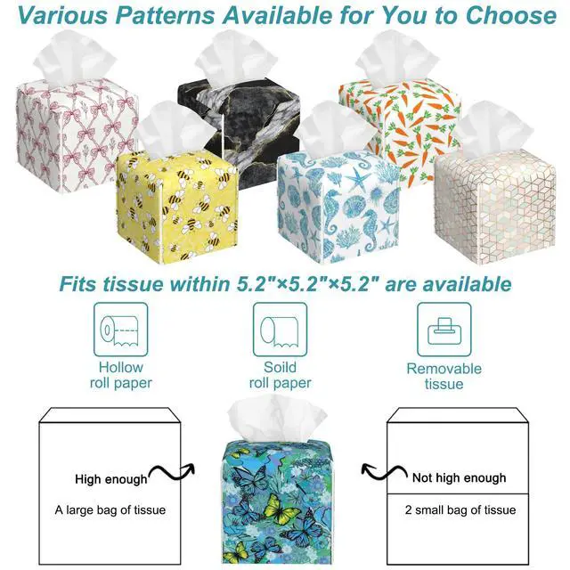 Alt view image 6 of 7 - Blue Flowers and Butterflies Tissue Box Cover,Tissue Box Holder Square with Bottom Belt,Leather Organizer Portable Decorative Facial Paper for Bedroom Dresser Night Stand Office,5.2" x 5.2" x 5.2"