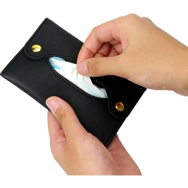 Alt view image 3 of 6 - Black Leather Pocket Tissue Holder, Travel Storage Pouch, Paper Towel Case Dispenser