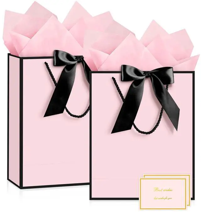 Main image of Gift Bag, 2PCS Gift Bags with Ribbon and 2 Greeting Cards 4 Tissue Paper, Portable Paper Gift Bag with Handles, Birthday Gift Bags,Present Bags for Wedding Party Mothers Day(Pink-Black)