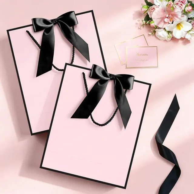 Alt view image 3 of 7 - Gift Bag, 2PCS Gift Bags with Ribbon and 2 Greeting Cards 4 Tissue Paper, Portable Paper Gift Bag with Handles, Birthday Gift Bags,Present Bags for Wedding Party Mothers Day(Pink-Black)