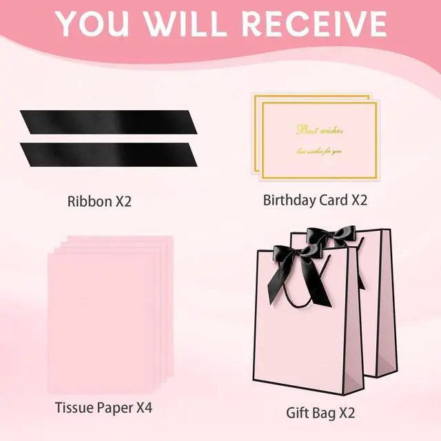 Alt view image 4 of 7 - Gift Bag, 2PCS Gift Bags with Ribbon and 2 Greeting Cards 4 Tissue Paper, Portable Paper Gift Bag with Handles, Birthday Gift Bags,Present Bags for Wedding Party Mothers Day(Pink-Black)
