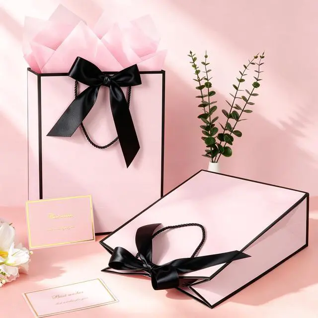 Alt view image 2 of 7 - Gift Bag, 2PCS Gift Bags with Ribbon and 2 Greeting Cards 4 Tissue Paper, Portable Paper Gift Bag with Handles, Birthday Gift Bags,Present Bags for Wedding Party Mothers Day(Pink-Black)