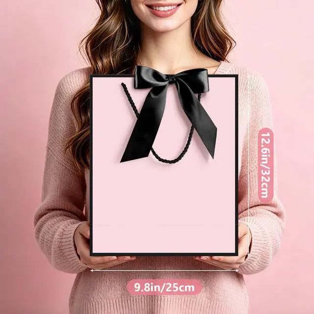 Alt view image 5 of 7 - Gift Bag, 2PCS Gift Bags with Ribbon and 2 Greeting Cards 4 Tissue Paper, Portable Paper Gift Bag with Handles, Birthday Gift Bags,Present Bags for Wedding Party Mothers Day(Pink-Black)