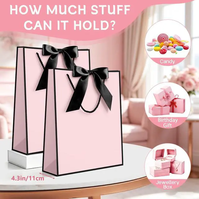 Alt view image 6 of 7 - Gift Bag, 2PCS Gift Bags with Ribbon and 2 Greeting Cards 4 Tissue Paper, Portable Paper Gift Bag with Handles, Birthday Gift Bags,Present Bags for Wedding Party Mothers Day(Pink-Black)