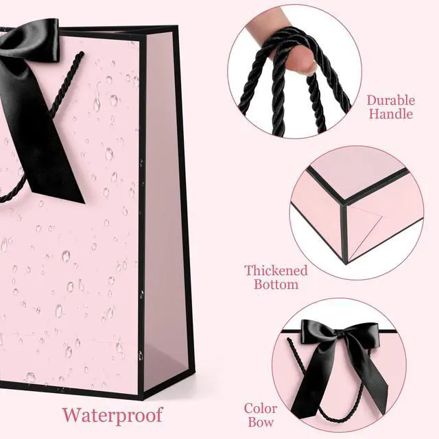 Alt view image 7 of 7 - Gift Bag, 2PCS Gift Bags with Ribbon and 2 Greeting Cards 4 Tissue Paper, Portable Paper Gift Bag with Handles, Birthday Gift Bags,Present Bags for Wedding Party Mothers Day(Pink-Black)